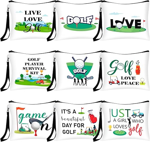 Skylety 9 Pieces Golf Gift Cosmetic Bags Golf Makeup Bag Golf Pouch Cosmetic Toiletry Organizer Case for Golfer Team Ladies Girls, 9 Styles