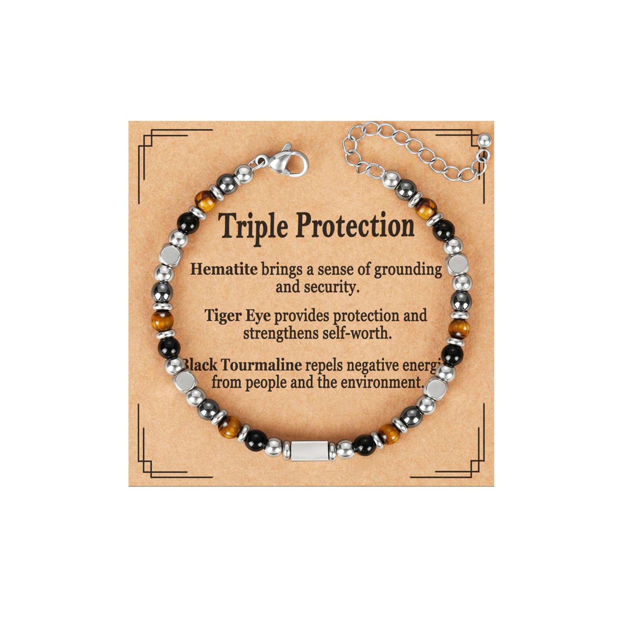 Natural Healing Crystal Bracelet for Women, Triple Protection Anxiety Relief New Beginnings Good Luck Empath Protection Jewelry Gift for Friends Daughter Mom 6.5+1.8 Inches