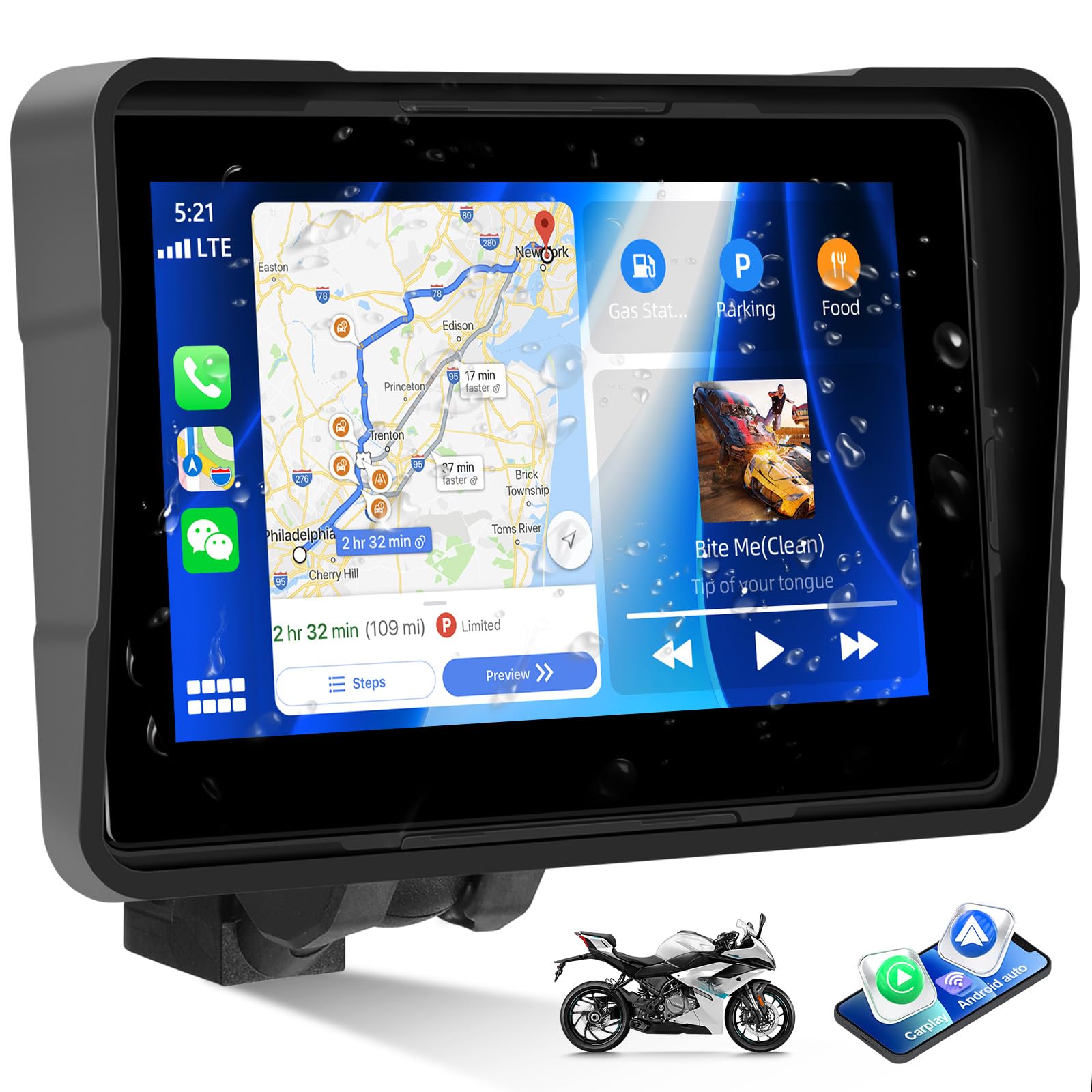 CAMECHO [2025] Carplay Motorbike Navi Schermo per Moto, 5 Pollici HD Touch Screen Impermeabile Dispositivi di Navigazione Moto con Seenza Fili Carplay Android Auto Bluetooth Display avec GPS FM EQ