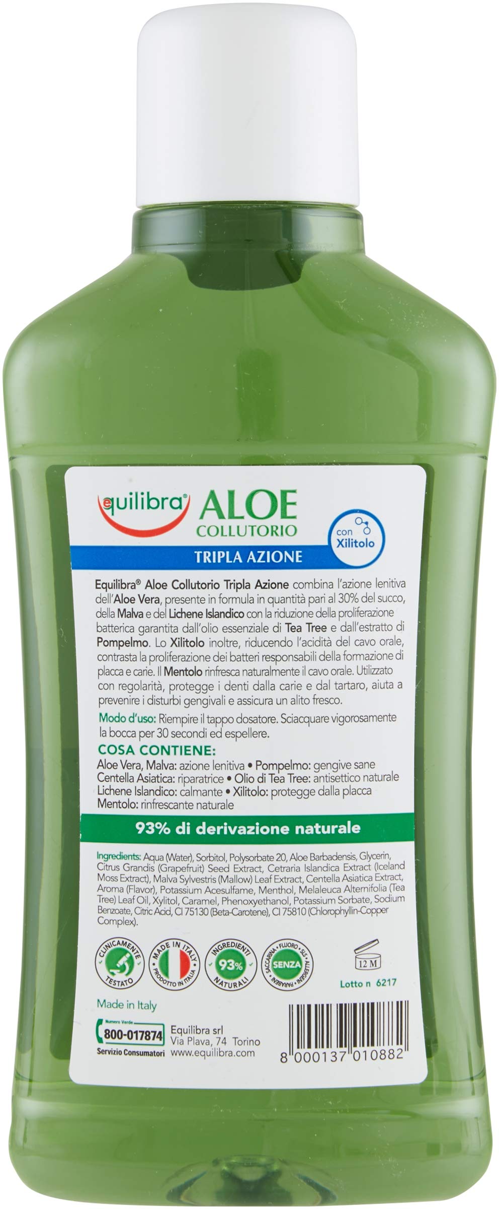equilibra Igiene Dentale, Aloe Collutorio Multiattivo, Collutorio a Base di Aloe Vera dal Delicato Gusto Menta, Xilitolo e Mentolo per un Alito Fresco, Aiuta a Proteggere da Carie e Tartaro, 500 ml