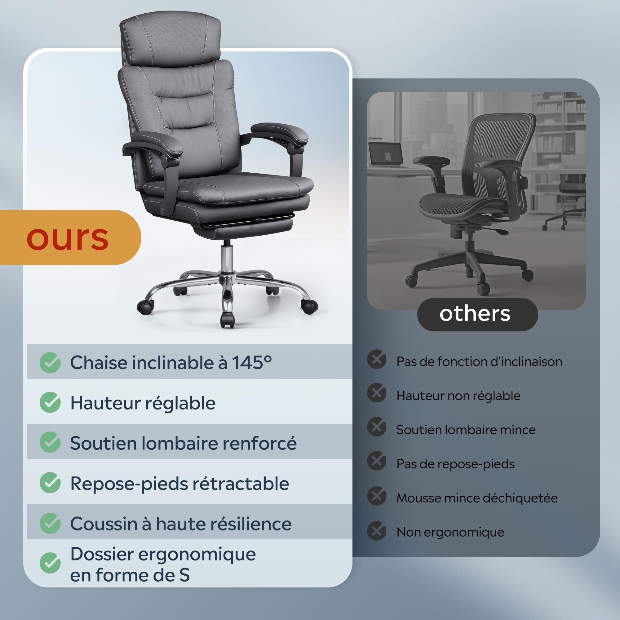 DEVAISE Silla de Oficina Ejecutiva, Silla ergonomica Escritorio Inclinable de 90° a 145°, Altura Ajustable con Reposacabezas, Soporte Resistente hasta 180 kg, Negro