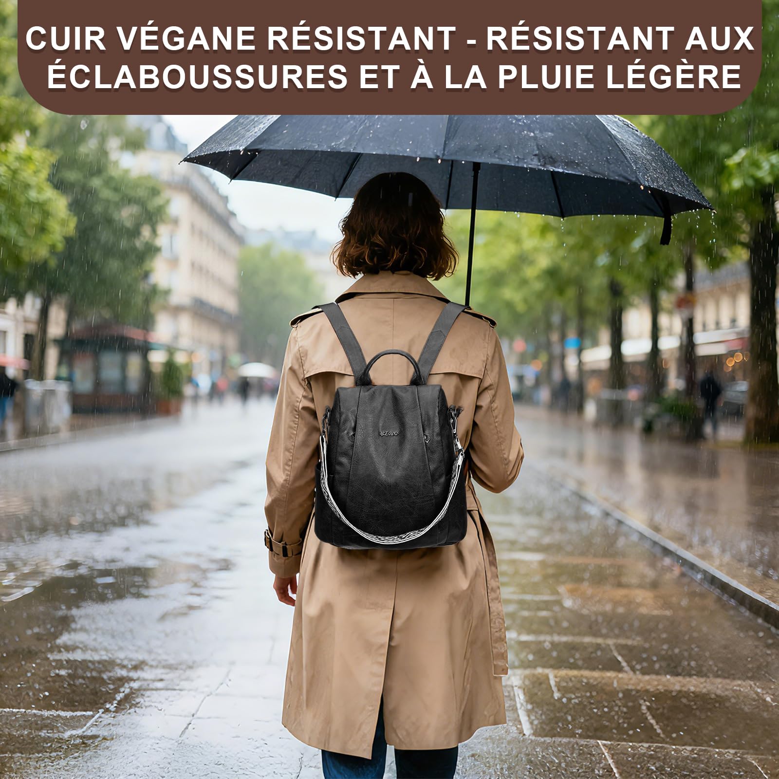 Eshow Petit Sac a Dos Femme Antivol, Sacs à Main Portés Dos Elégant Léger Imperméable PU Cuir, Sacoche Bandoulière avec Étui anti RFID & Pochette pour Voyage Travail Loisirs Université Noir