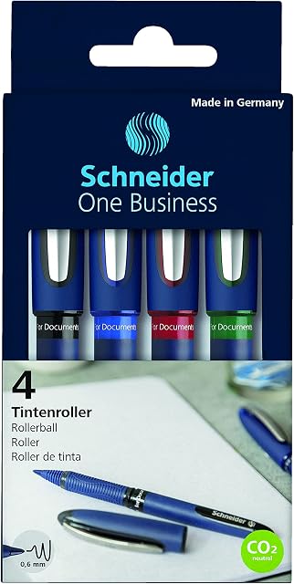 Schneider One Business, Rollerball Pen, 0.6 MM, Four-Pack, One Each of: Black, Red, Blue, Green (183094)