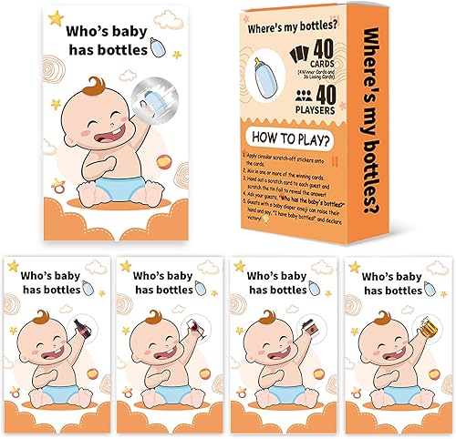 COO PAPER PARTY Baby Shower Games - Juego de cartas para rascar  Quién tiene biberones, juegos de género neutro, 40 tarjetas de rifa, actividad de