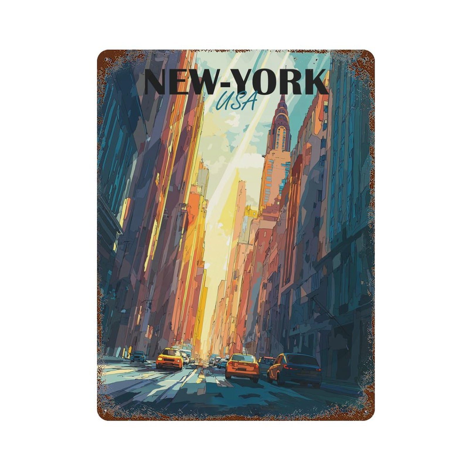 Garage Style New York City Street Illustration Vintage Metal Tin Sign 15.7"x11.8", Retro Wall Decor for Bar And Workshop