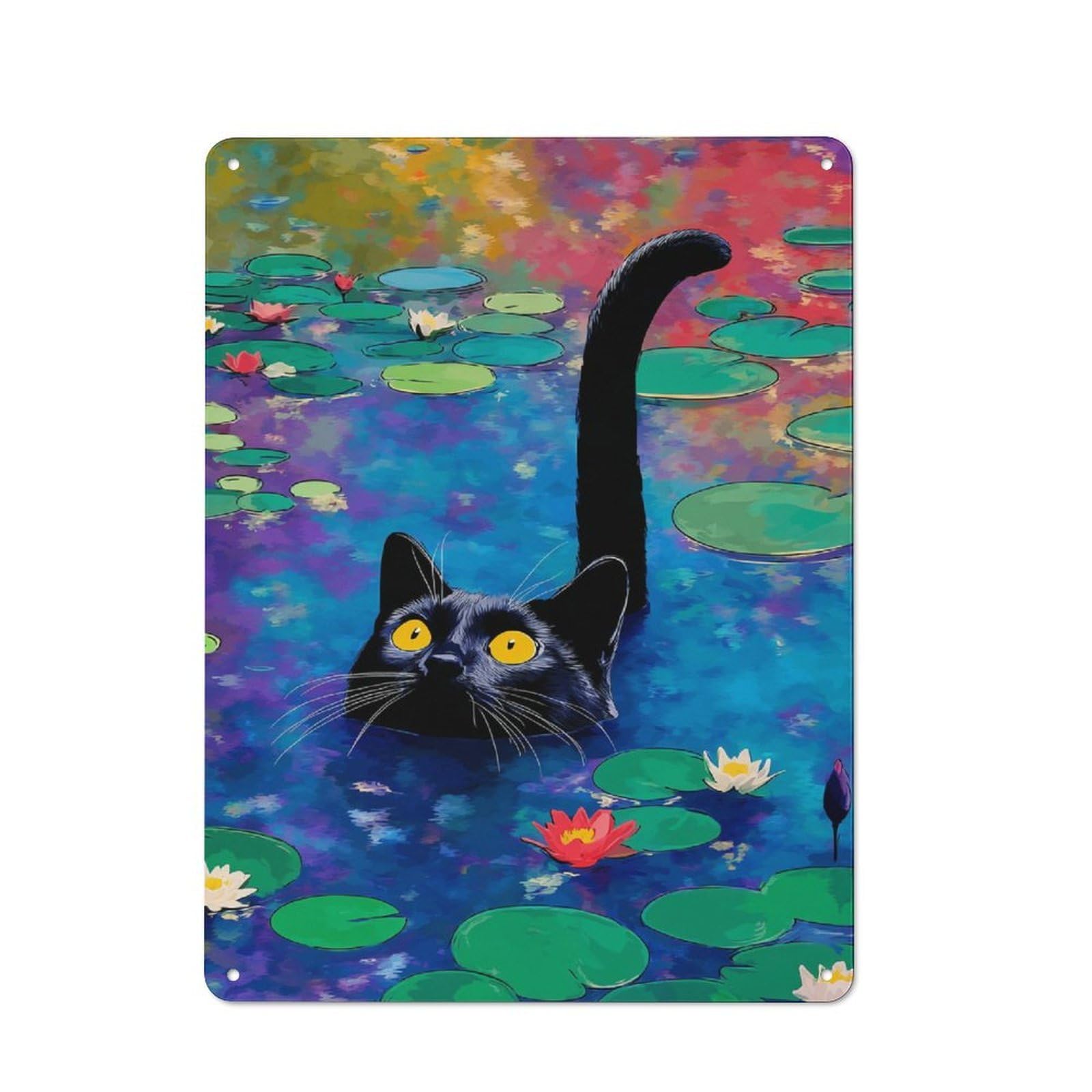 Junmoney Black Cat In Lily Pond Retro Tin Sign 40X30cm For Dining Room Or Kitchen, Suited To Kitchen Wall Decor Lovers