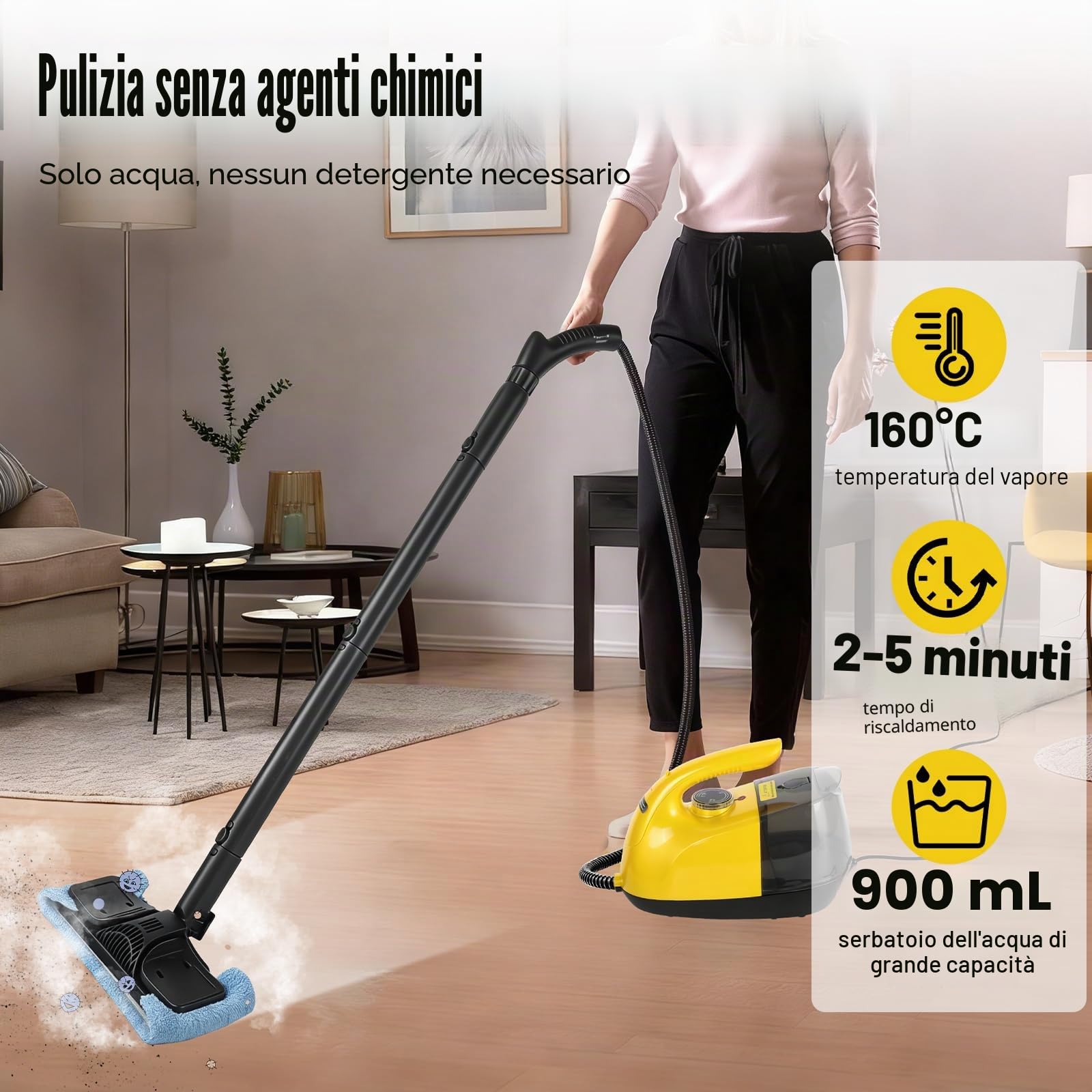 Pulitore a vapore 1800 W, 2-in-1 Scopa a vapore multifunzionale con 900 ml, accessori da 11 pezzi, vapore caldo 165 °C, tempo di 30 secondi, pulizia di cucina, forni, tappeti, divani