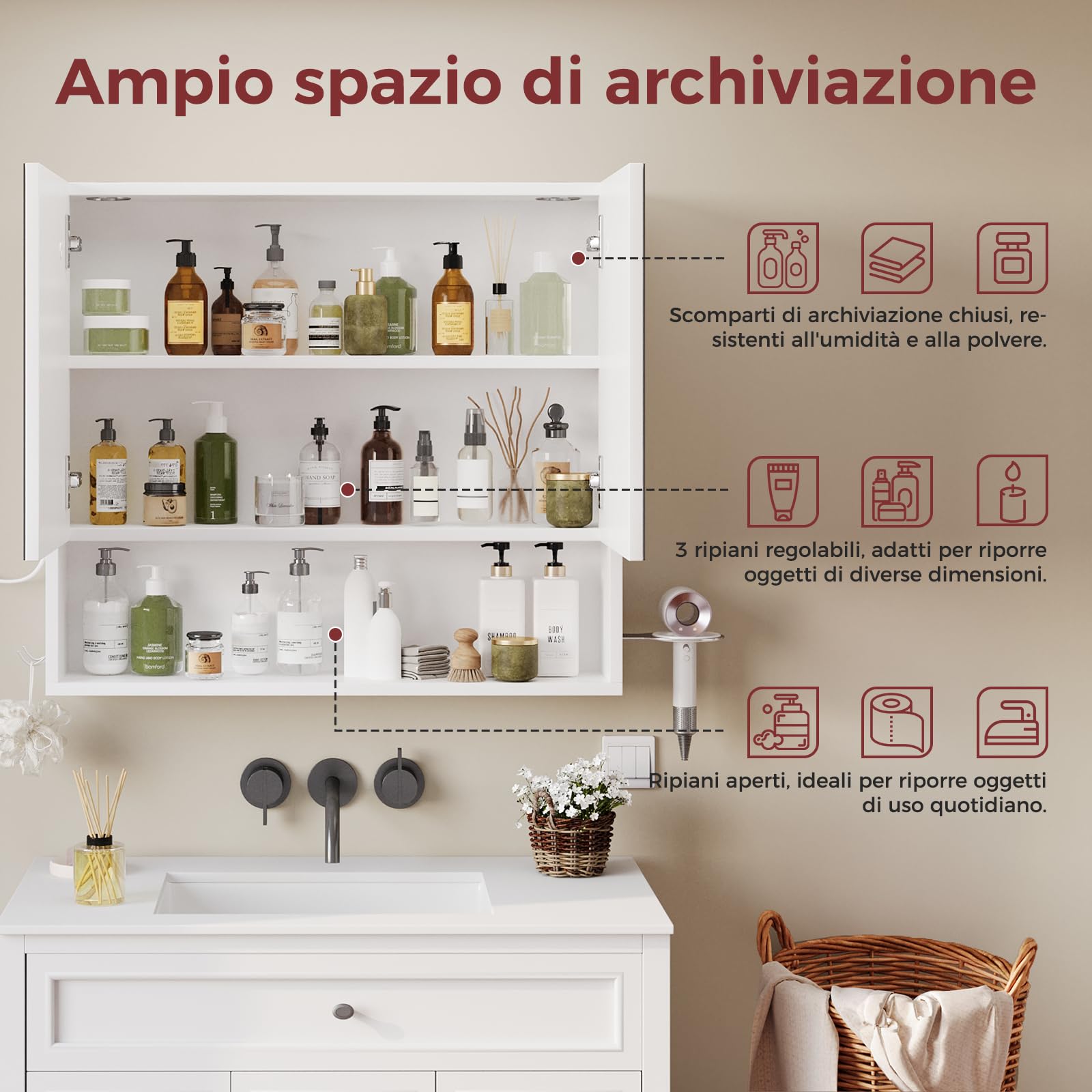 ELUCHANG Armadio da bagno con specchio e illuminazione a LED,Specchio Bagno Contenitore, ripiani regolabili,Porta Asciugacapelli e Asciugamani, Mobile Bagno con Specchio a Due Ante,60X14X60CM,Bianco