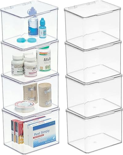 mDesign Organizador de almacenamiento apilable de plástico con tapa con bisagras para baño armario cajón debajo del fregadero organización de