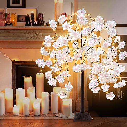 Miniatura 2 de obbsie Árbol de flor de cerezo de 4 pies con 360 luces LED, árbol iluminado artificial con temporizador, 8 modos de iluminación, árbol rosa con