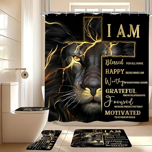 4 Pcs Gold Cross and Lion Shower Curtain Set with Rugs and Toilet Lid Cover, Black Gold Lion Shower Curtain Waterproof Bathroom Set, Inspirational Quotes Shower Curtain Bathroom Decor Set Accessories