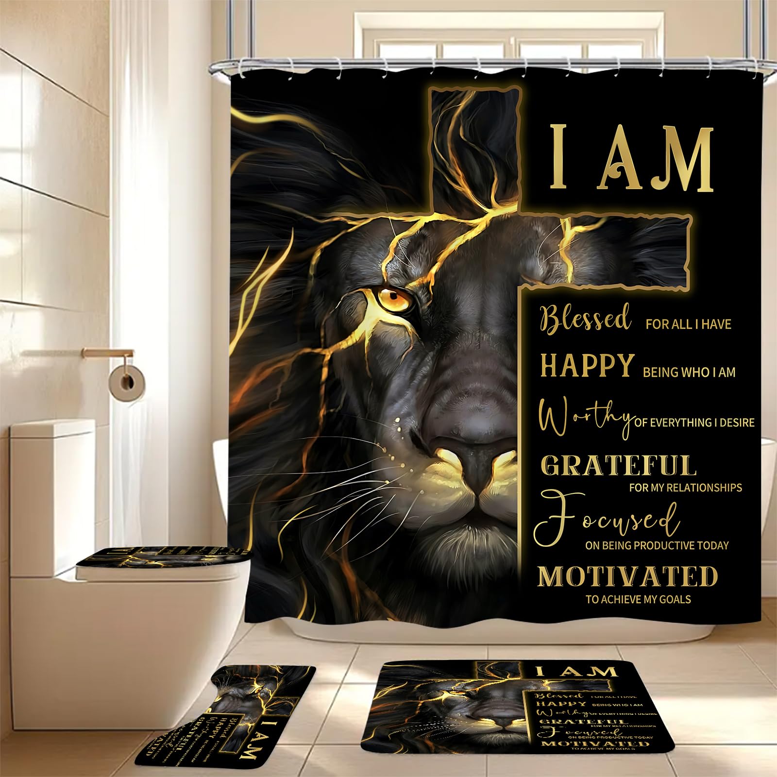 4 Pcs Gold Cross and Lion Shower Curtain Set with Rugs and Toilet Lid Cover, Black Gold Lion Shower Curtain Waterproof Bathroom Set, Inspirational Quotes Shower Curtain Bathroom Decor Set Accessories