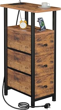 LOAKEKEL Narrow Bedside Table, Slim Side Table with Charging Station