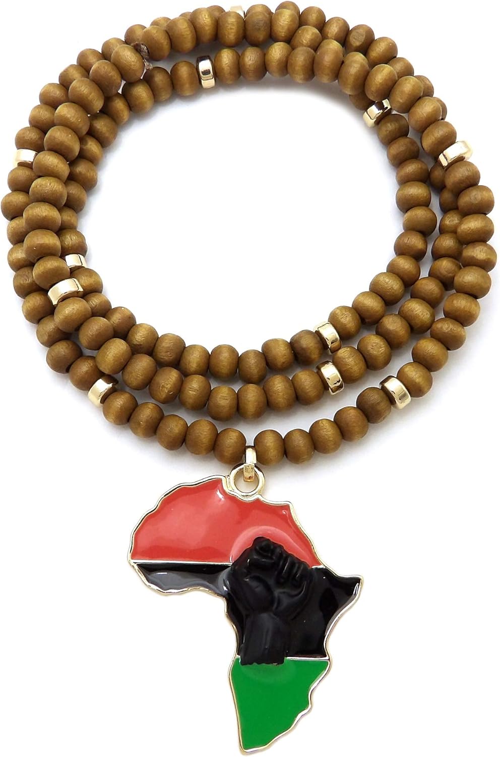 CBC Crown Pan African Colored Africa Map Continent Pendant on 26"/30" Wooden Bead Necklace in Gold or Silver Tone