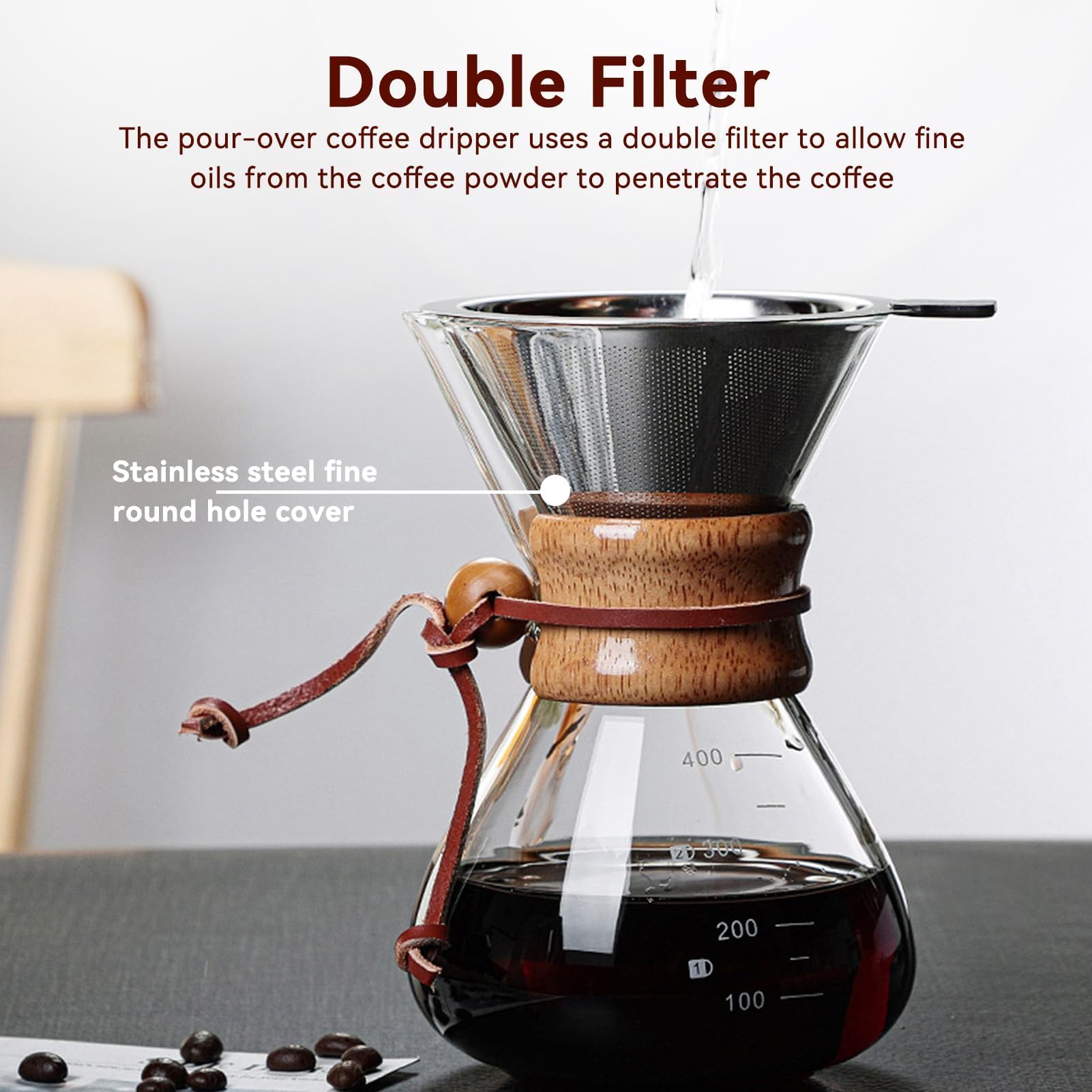 HERCHR Vierta sobre la cafetera, Juego de gotero de café de 800 ml, Filtro de Doble Capa de Vidrio de borosilicato, Jarra de café para el hogar, cafetería, Fiesta