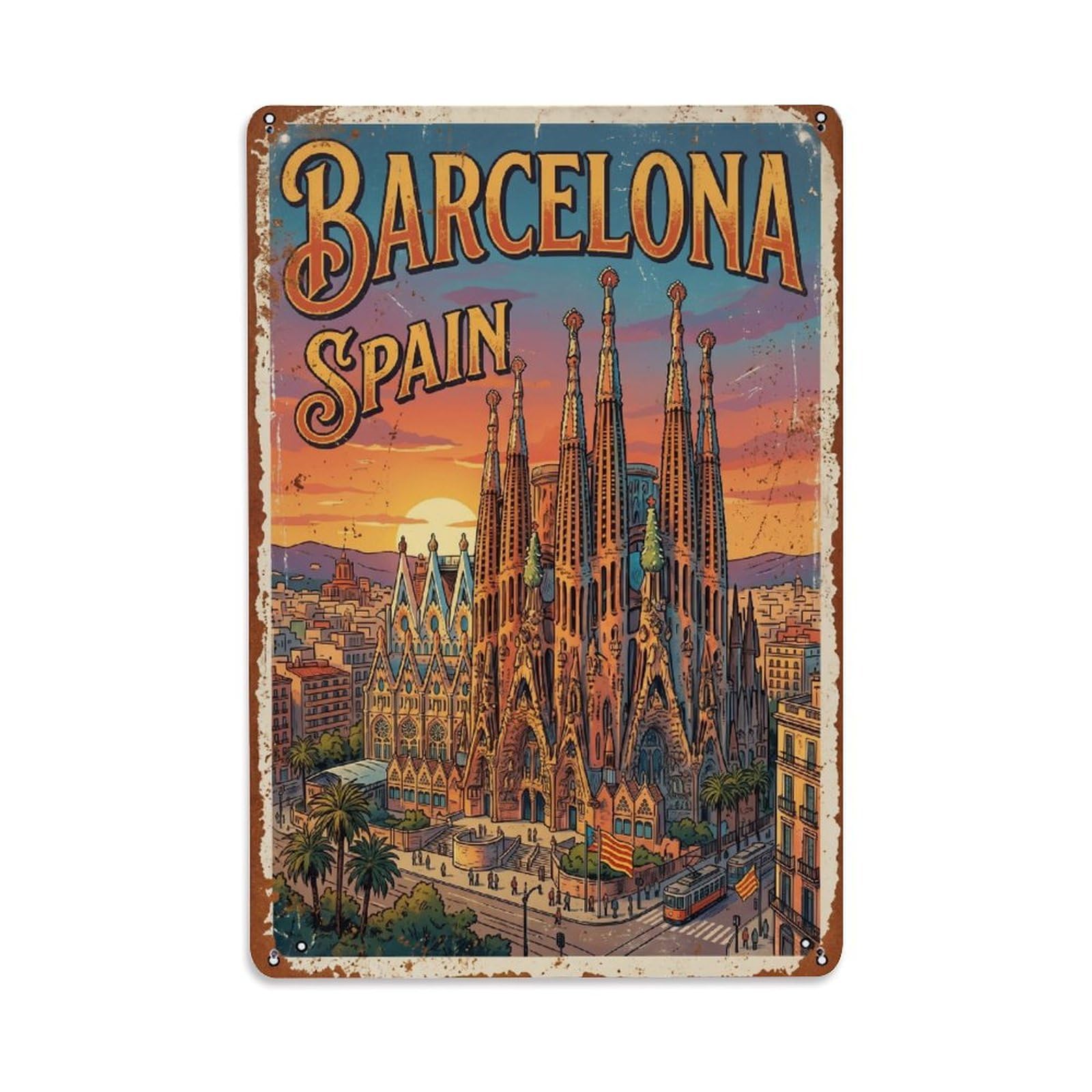 Cmhok Vintage Style Vintage Travel Sagrada Barcelona 2 Metal Tin Sign Wall Decor For Cafe, Club, Garden Metal Poster 8X12inch
