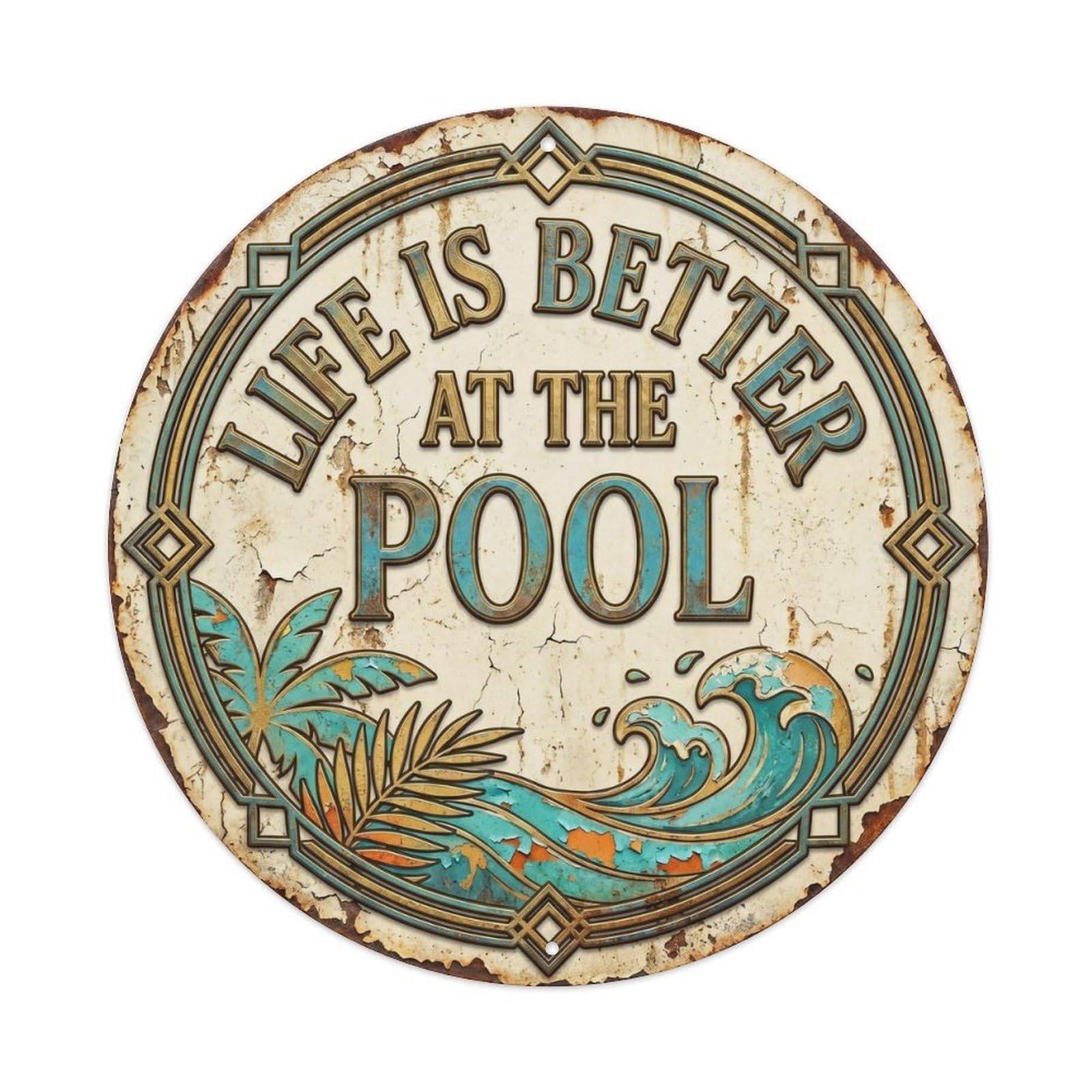 Retro Pool Life Better Paradise Escape Coastal Oasis Badge Metal Tin Sign Plaque Wall Decor for Cafe, Man Cave, Club Bar, Office, Home Garden Round Metal Poster 8x8Inch