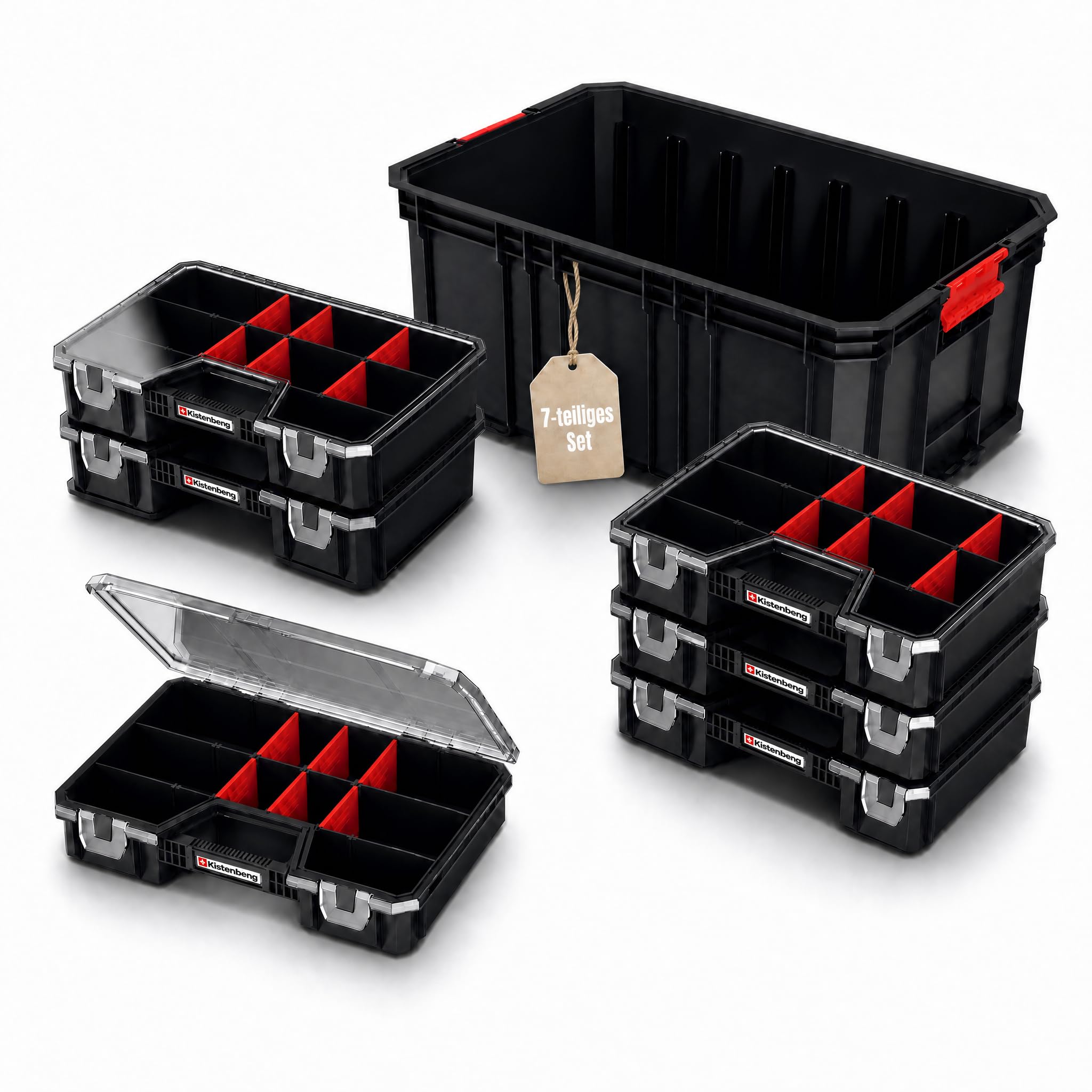 Sortimentskasten Set 7-tlg., Kleinteilemagazin mit Trennwänden | 520x329x210 mm, Modulare Werkzeugkiste mit Sortierboxen für Kleinteile – stapelbar, wandmontierbar, bis 50 kg belastbar