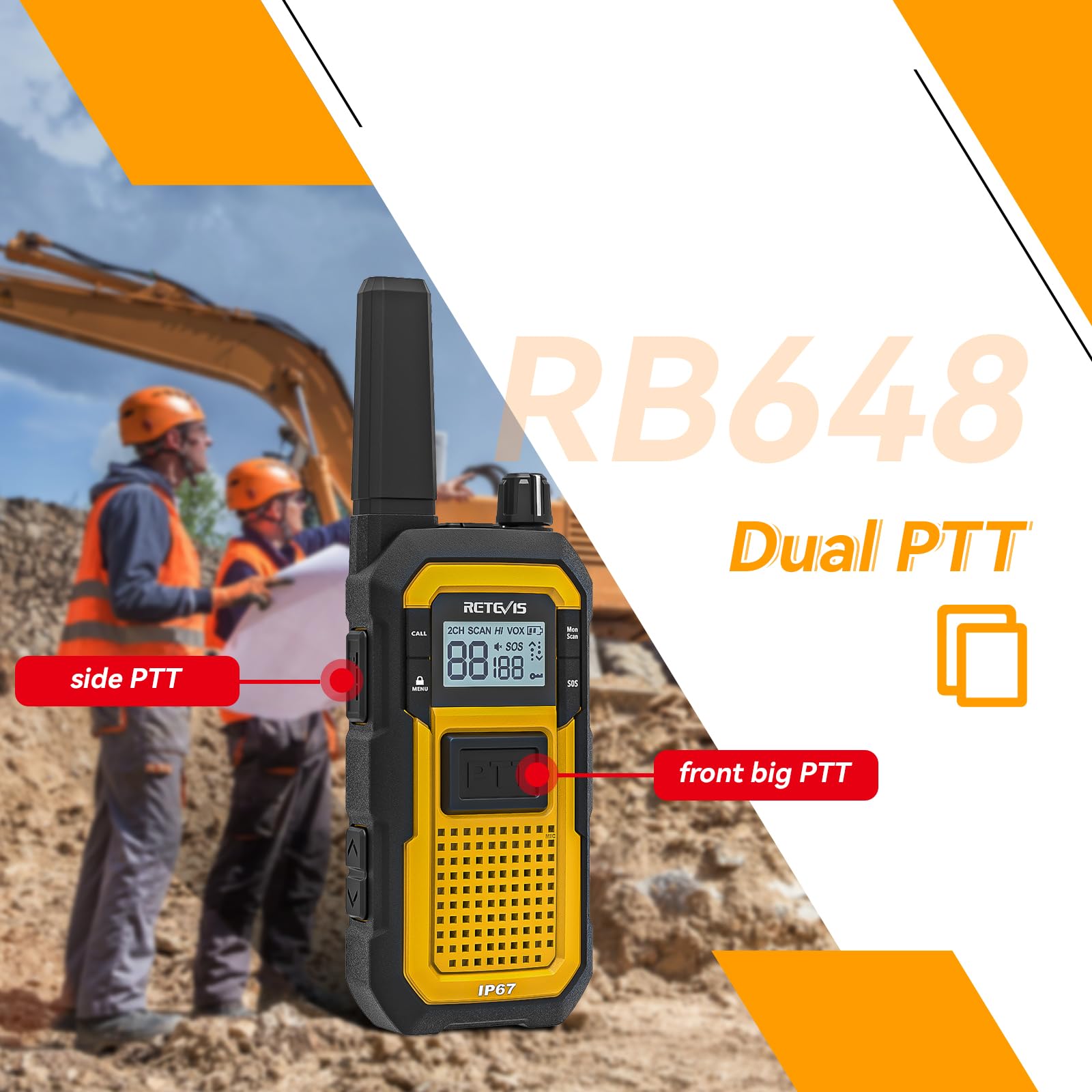 Retevis RB648 Walkie Talkie Profesional, Radio Bidireccional Impermeable | MIL-STD-810H, IP67 Impermeable, Vibración SOS, 2000 mAh, Resistente con Auricular para Construcción (4 Pcs, Amarillo)