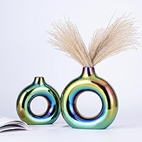 Vista 7 de Juego de 2 jarrones con forma de dona para decoración de jarrón azul, jarrón circular hueco, moderno jarrón de cerámica brillante para entrada, sala