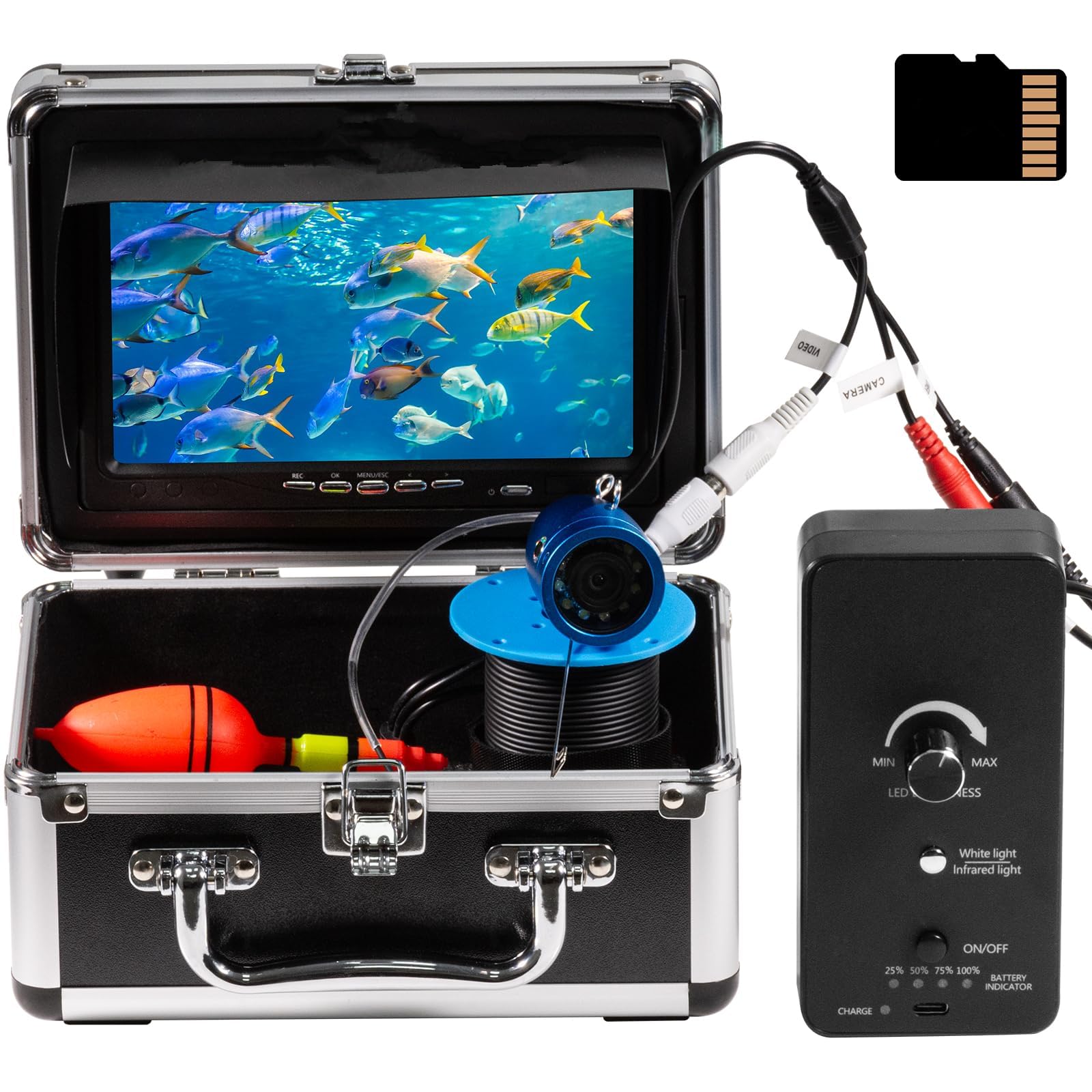 Cámara de pesca subacuática HD de 7 pulgadas 1200TVL con cable de 49 pies/98 pies opcional, buscador de peces de 10000 mAh con 24 luces LED, 12 piezas de visión nocturna infrarroja, 12 luces blancas