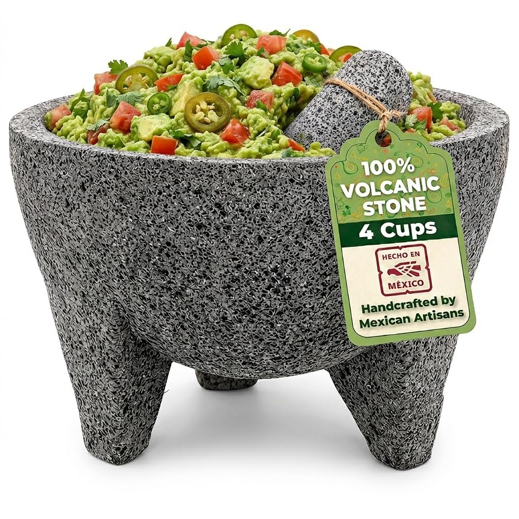 Molcajete mexicano de 8 pulgadas, hecho a mano con piedra volcánica natural, utensilio de cocina artesanal para moler con poros para triturar, especialmente diseñado para moler especias, salsas y