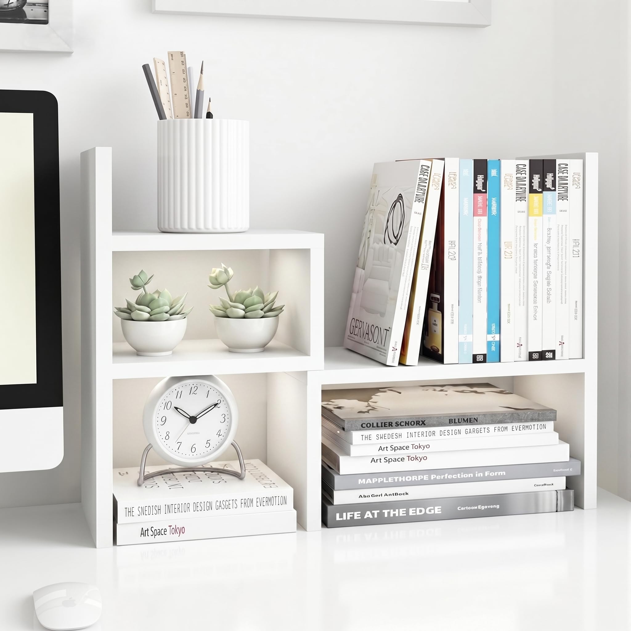 Jerry &amp; Maggie - Desktop Organizer Office Storage Rack Adjustable Wood Display Shelf | Birthday Gifts - Toy - Home Decor | - Free Style Rotation Display - True Natural Stand Shelf (White)