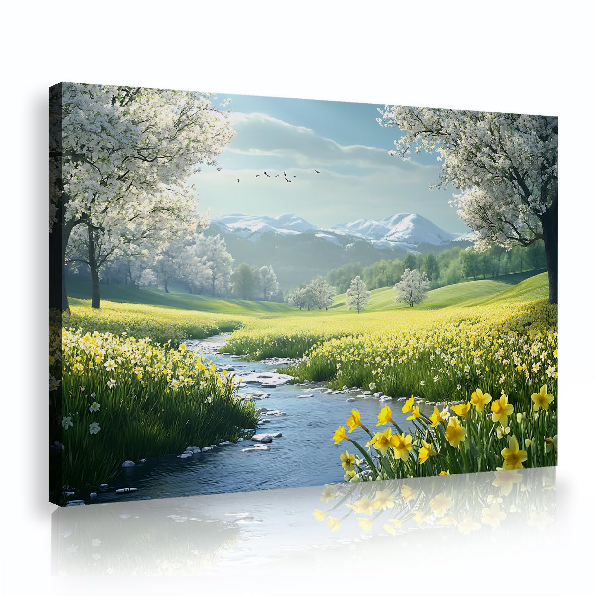 TOANGWALL Spring Mountain River Landscape Canvas Wall Art Yellow Daffodil Meadow Poster Prints Snow Peak Wildflower Picture Painting for Bathroom Dining Room Hallway Decor 60x90cm