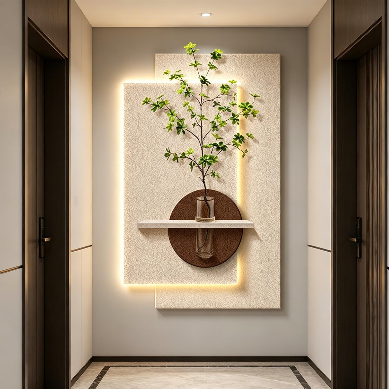 PGZMDTWI 3D Wall Art Sandstone Texture Decor for Living Room, Modern LED Lighted Wall Sculpture with Glass Vase & Green Plants for Entryway Hallway(E,100 * 150CM 9.4 * 59.1IN)
