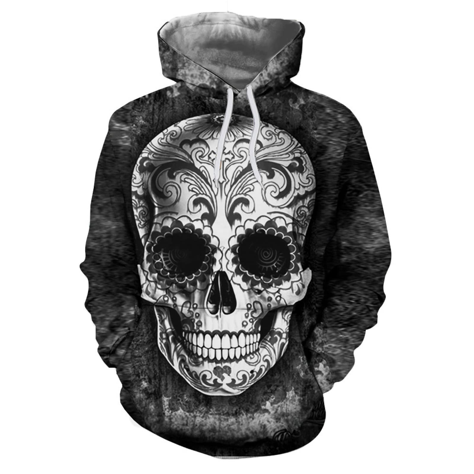 Men's Hoodie Rose Skull Hoodie Gothic Skull Head Print Long Sleeve Pullover Sweatshirt with Pocket