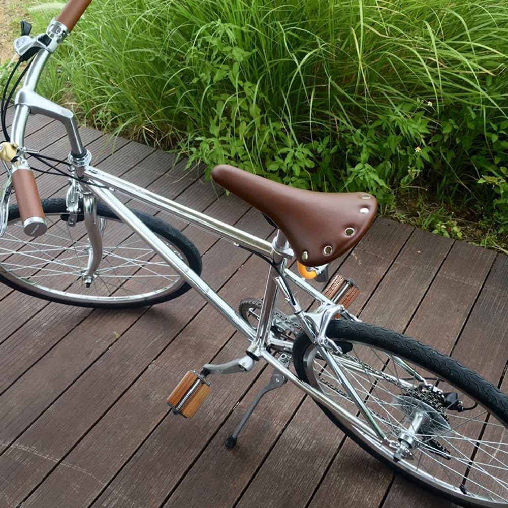 UNISTRENGH Bicycle Pedals Non-Slip Trekking Bicycle Pedals Set Classic Retro Flat Pedals Bamboo Vintage Bike Pedals for Mountain/City/Road Bike