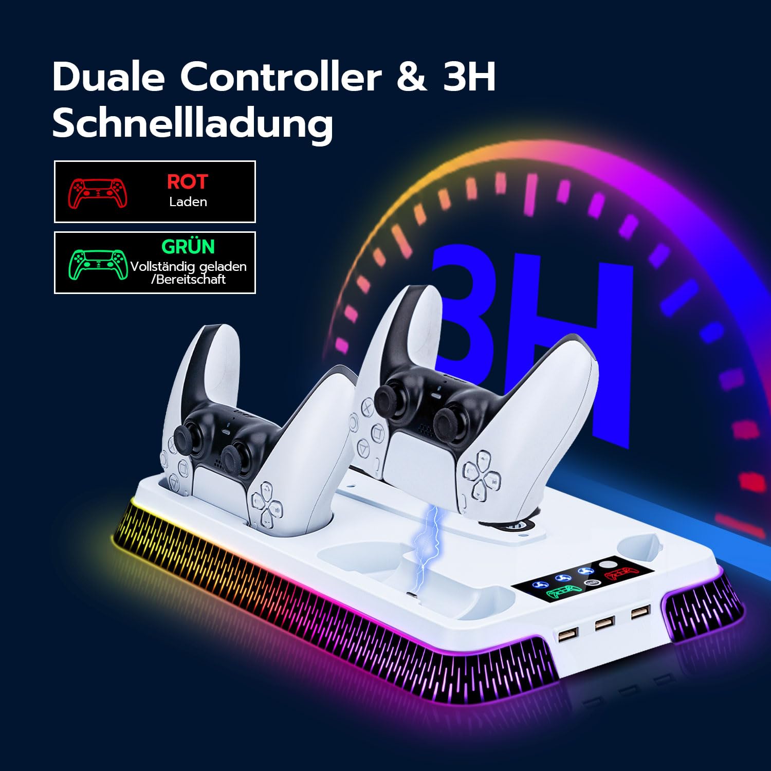 Wigearss PS5/PS5 Slim/PS5 Pro Kühler Standfuß mit Dual Controller Ladegerät, PS5 Controller Ladestation Standfuß mit Lüftert, RGB Licht für PS5/PS5 Slim/PS5 PRO UHD/Digital Edition