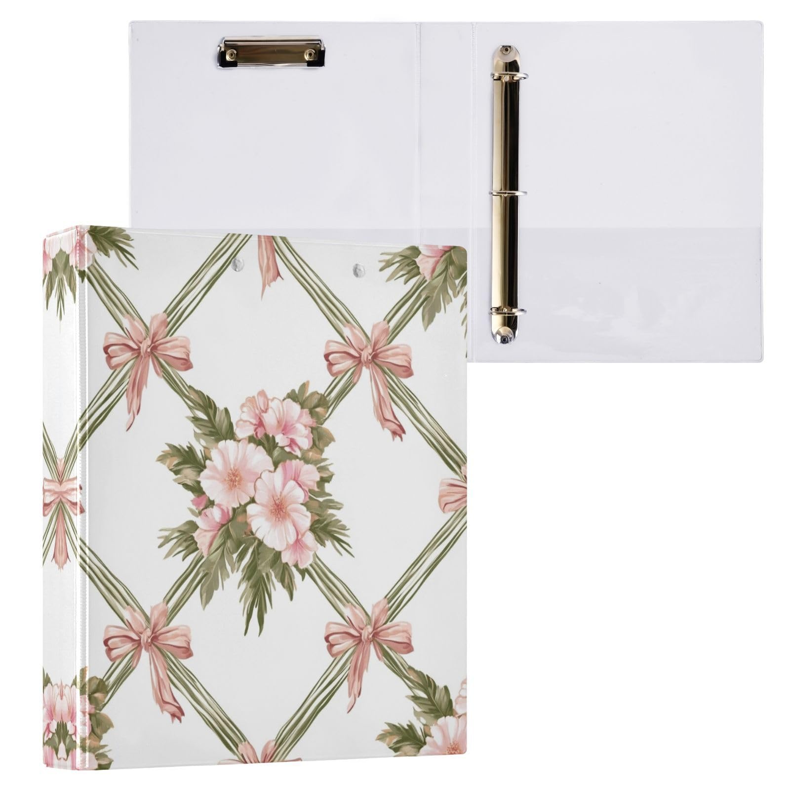 Raccoglitore ad anelli con 3 anelli da 3,8 cm, con fiocchi e mazzi di fiori, con clip in metallo, organizer per casa e ufficio, confezione da 2