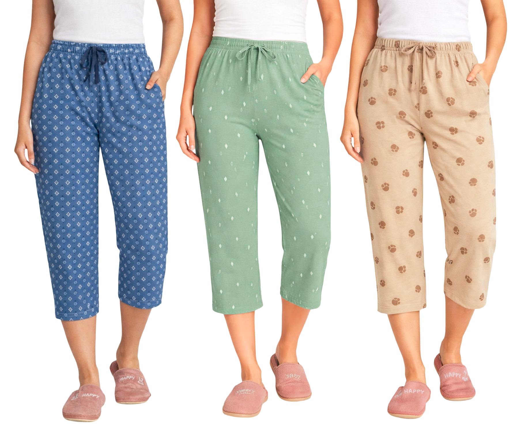 Women’s Printed Cotton Capri Pants Pack of 3 for Women with Pocket | Soft Comfortable Stretchable Daily Wear Lounge Capri Bottomwear Set (BLUE-GREEN-BEIGE, M)-picture-39