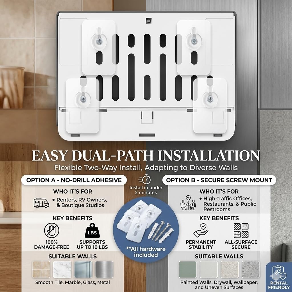 interhasa! Commercial Paper Towel Dispenser Wall Mount - ADA Compliant Multifold Trifold & C-Fold Hand Towel Holder for Restroom, Office, Clinic. Lockable, No-Drill ABS, 10.8" L x 3.5" W x 8" H