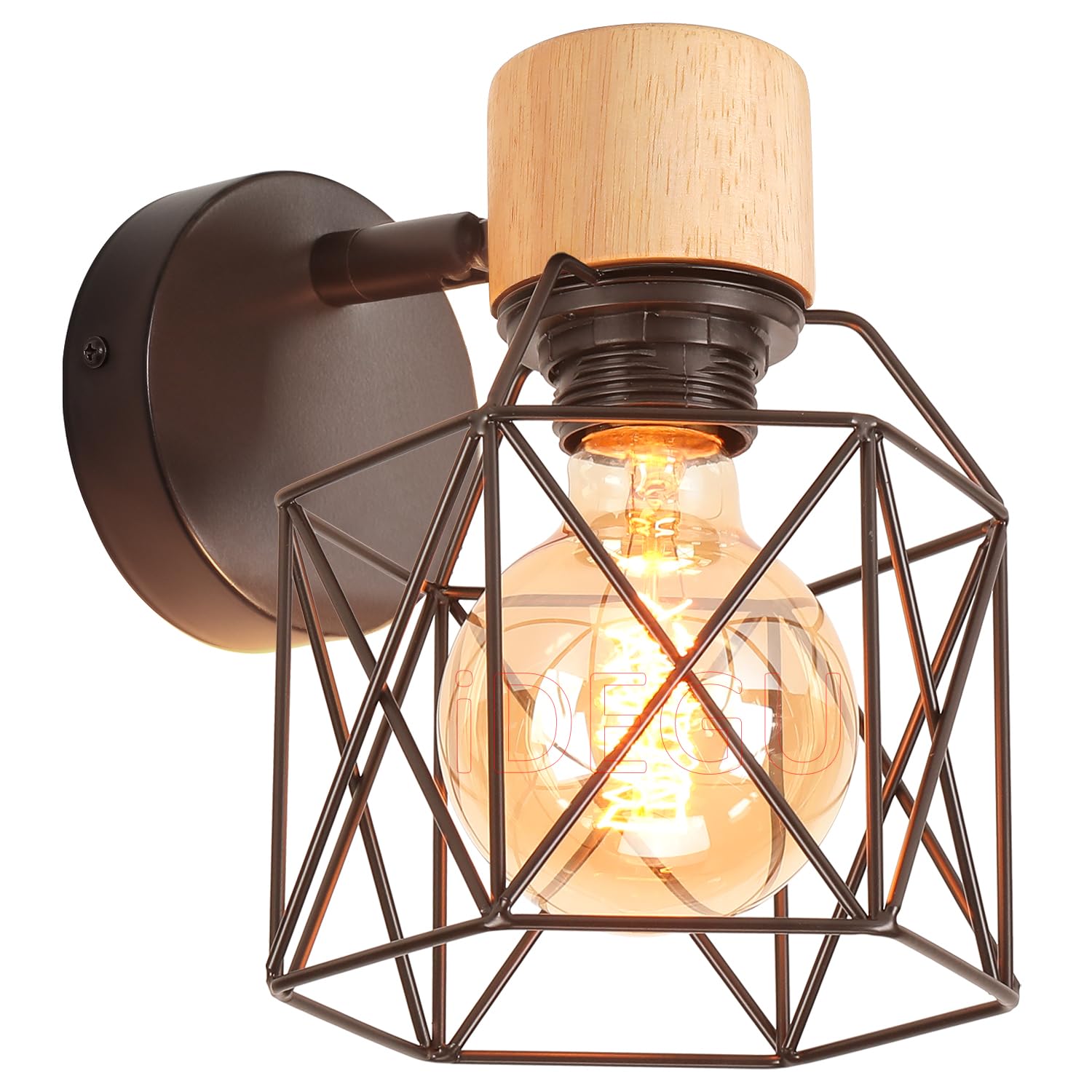 iDEGU Industrial Wall Light Metal Cage Design Wood Wall Lamp Adjustable Vintage Indoor Wall Sconce E27 Ceiling Light for Bedroom, Hallway, Living Room (15cm, Type A, Black, 1 Pack) โ image 1