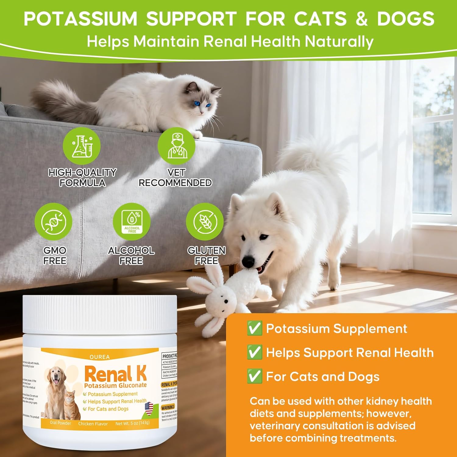 Renal K Potassium Gluconate for Dogs & Cats – 2.2 mEq per Scoop – Supports Kidney Function, Restores Potassium Levels – Boosts Energy – Muscle Strength – Vet-Recommended