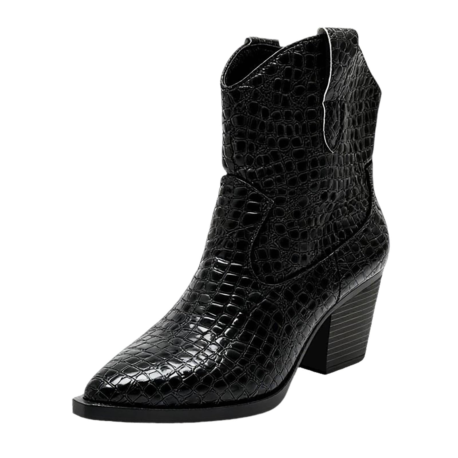 Womens Leather Chunky Slip On Ankle Boots Fashion Pointed Toe Stacked Heel Mid Calf Pointed Toe Crocodile Western