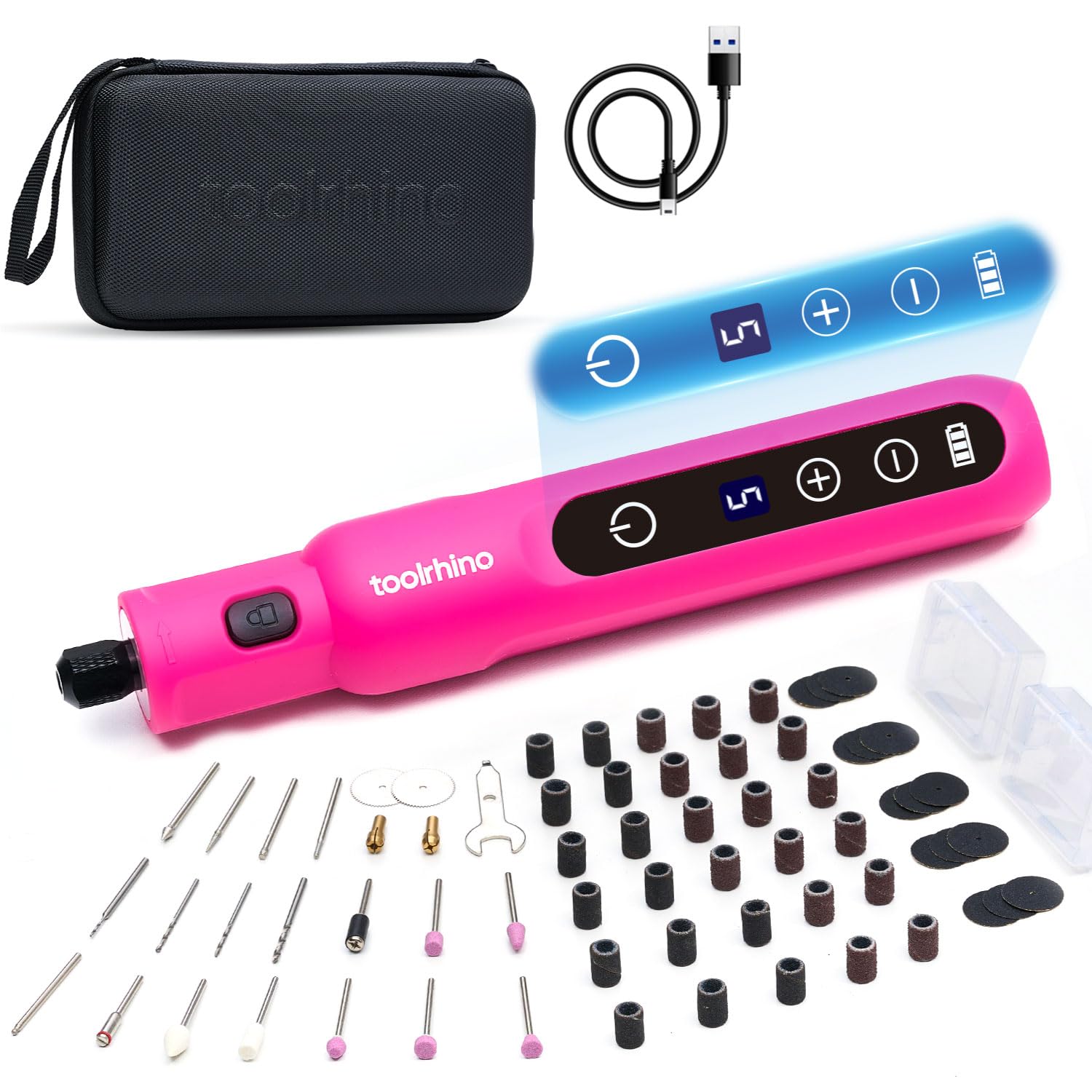 Cordless Rotary Tool Kit, 3.7V Wood Carving Tools with 5 Speed and 62 Accessories, Multi-Purpose Mini Rotary Tool for Sanding, Cutting, Engraving, Drilling, Polishing, DIY Creations, Pink