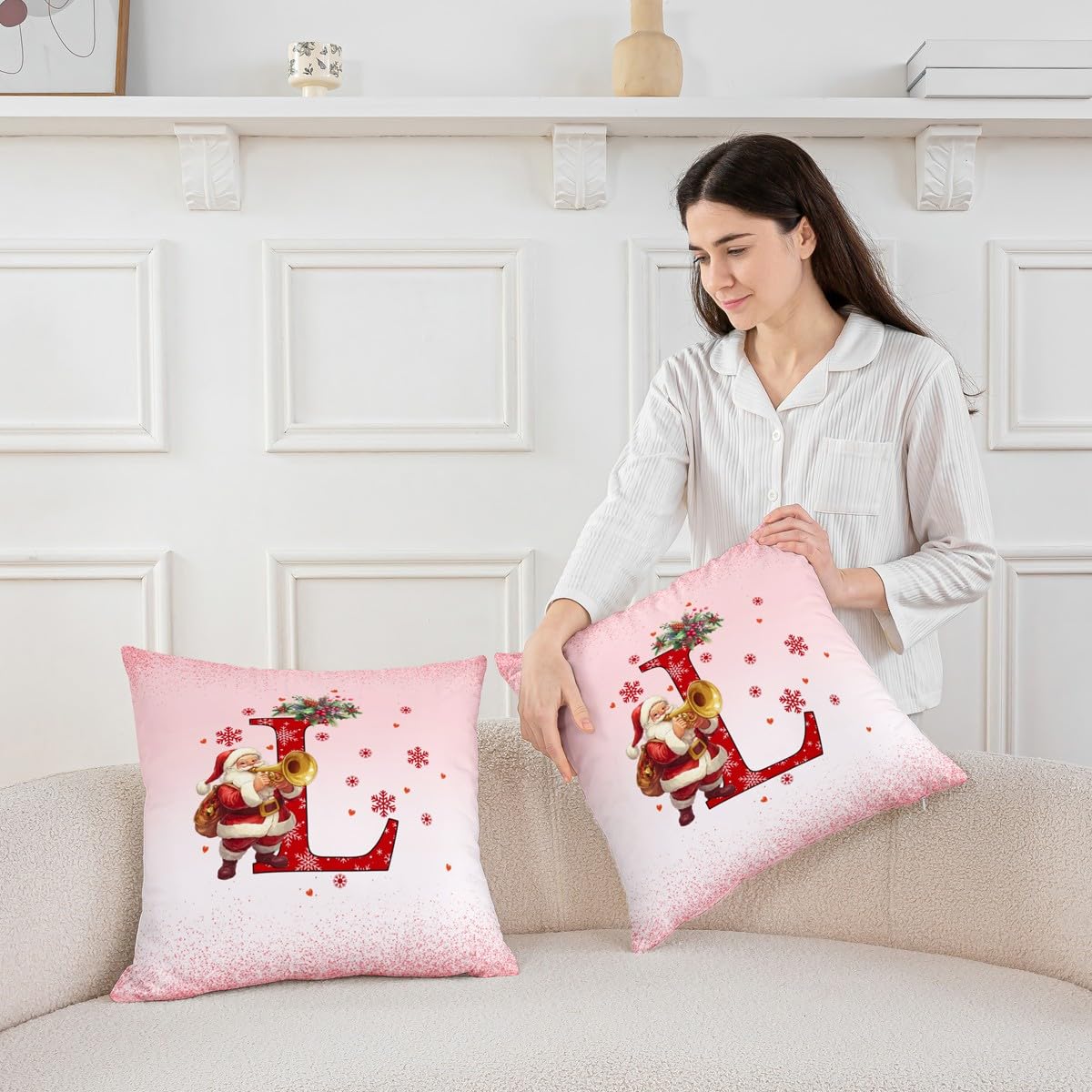 Homemissing Juego de 4 fundas de almohada con temática navideña rosa para niños, 50 x 50 cm, con iniciales del alfabeto, letra L, para niños y niñas, copos de nieve, bonita decoración de Papá Noel