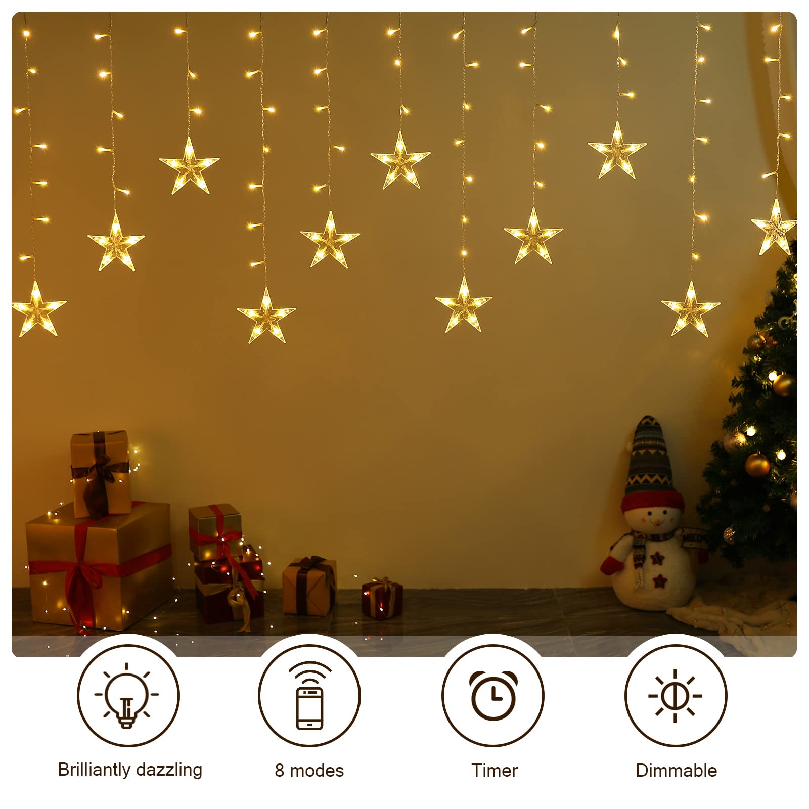 BLOOMWIN Lichtervorhang Stern Lichterkettenvorhang USB 8Modi Stimmungslichter Weihnachtsbeleuchtung für Fenster Tür Innen Sternenvorhang Warmweiß (Packung mit 2)