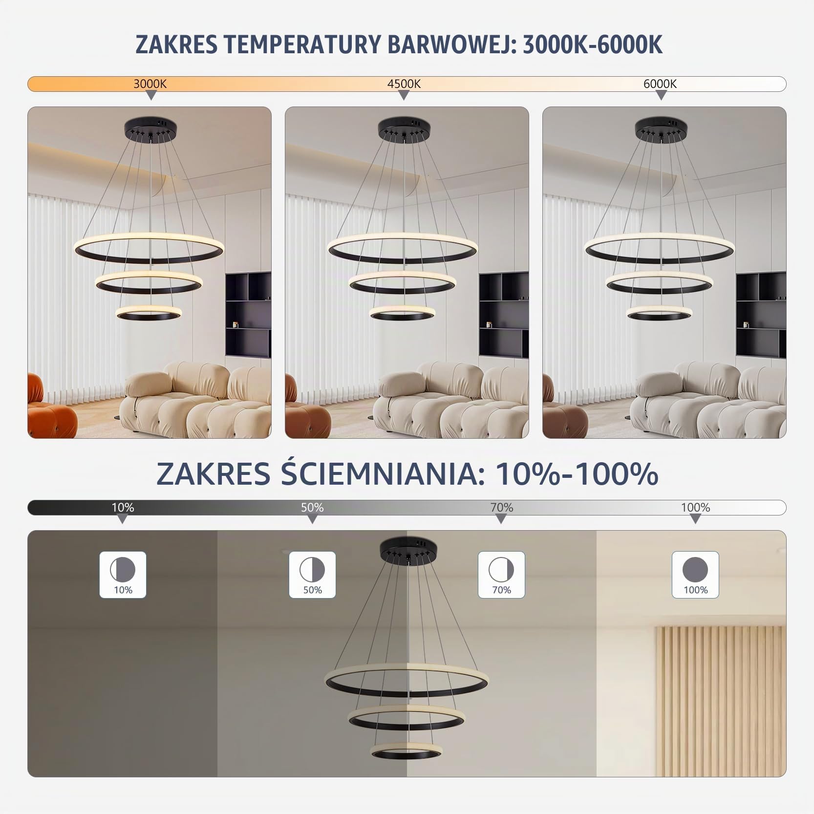 YOODI Lampa Wisząca LED Do Jadalni Regulacja Jasności Za Pomocą Pilota I Aplikacji 50+35+20cm 3 Pierścienie świetlne 45W 3000K–6000K Nowoczesna Lampa Wisząca LED Maksymalna Wysokość 150cm