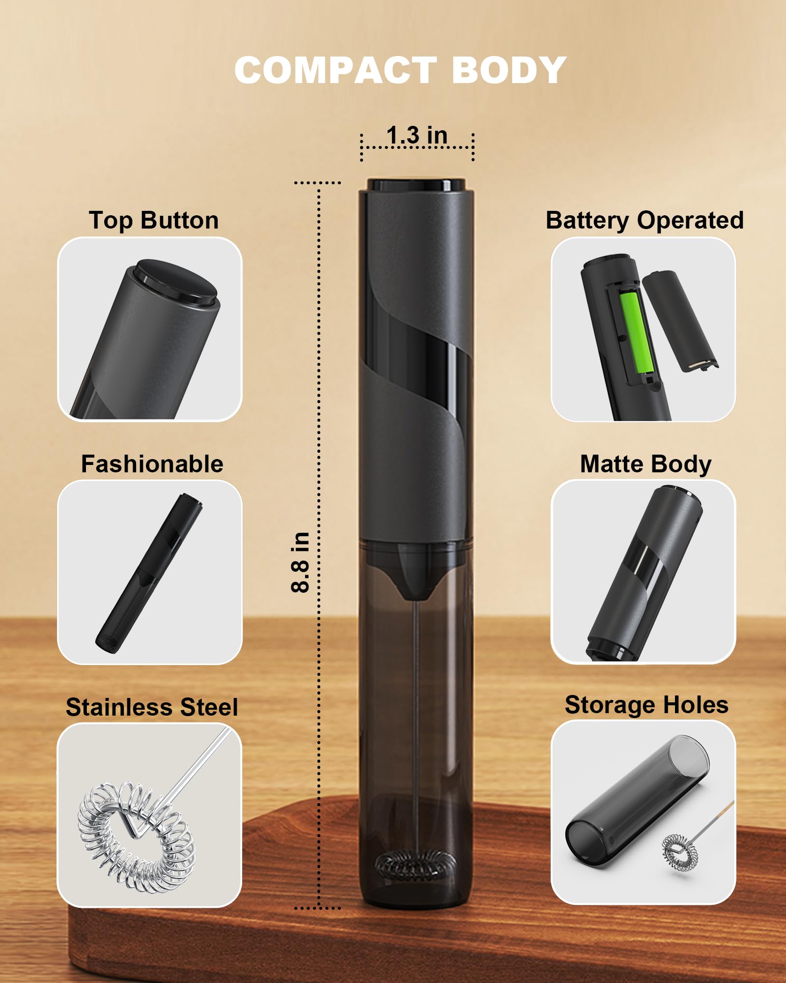 Espumador eléctrico de leche con tapa, mezclador de bebidas fácil de llevar, varita espumadora eléctrica a pilas para café, latte, capuchino, bebida frappé, chocolate caliente, negro