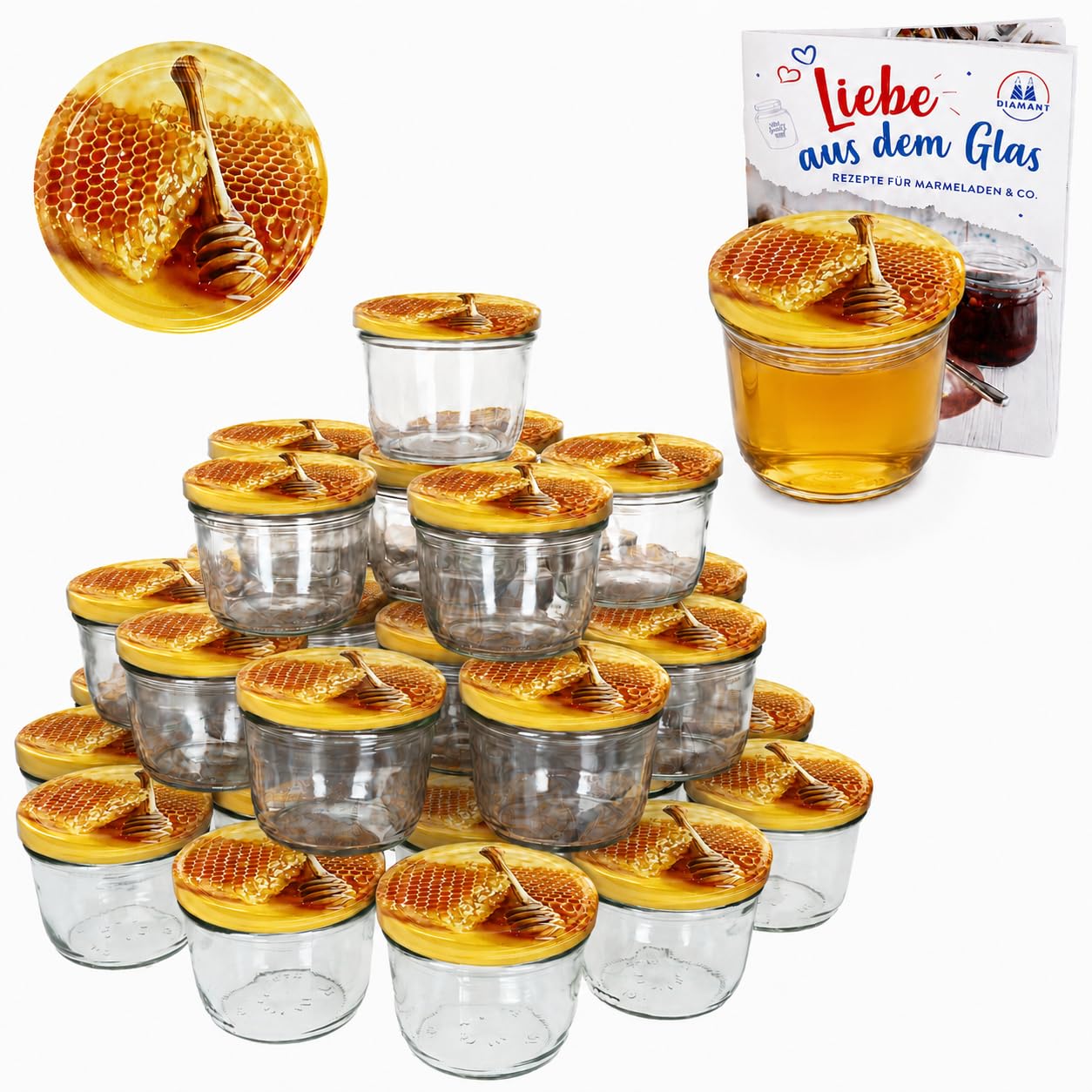MamboCat 100er Set Sturzglas 230 ml Einmachglas Einweckglas Honigglas To 82 Carino Honigwabe Deckel incl. Diamant-Zucker Gelierzauber Rezeptheft