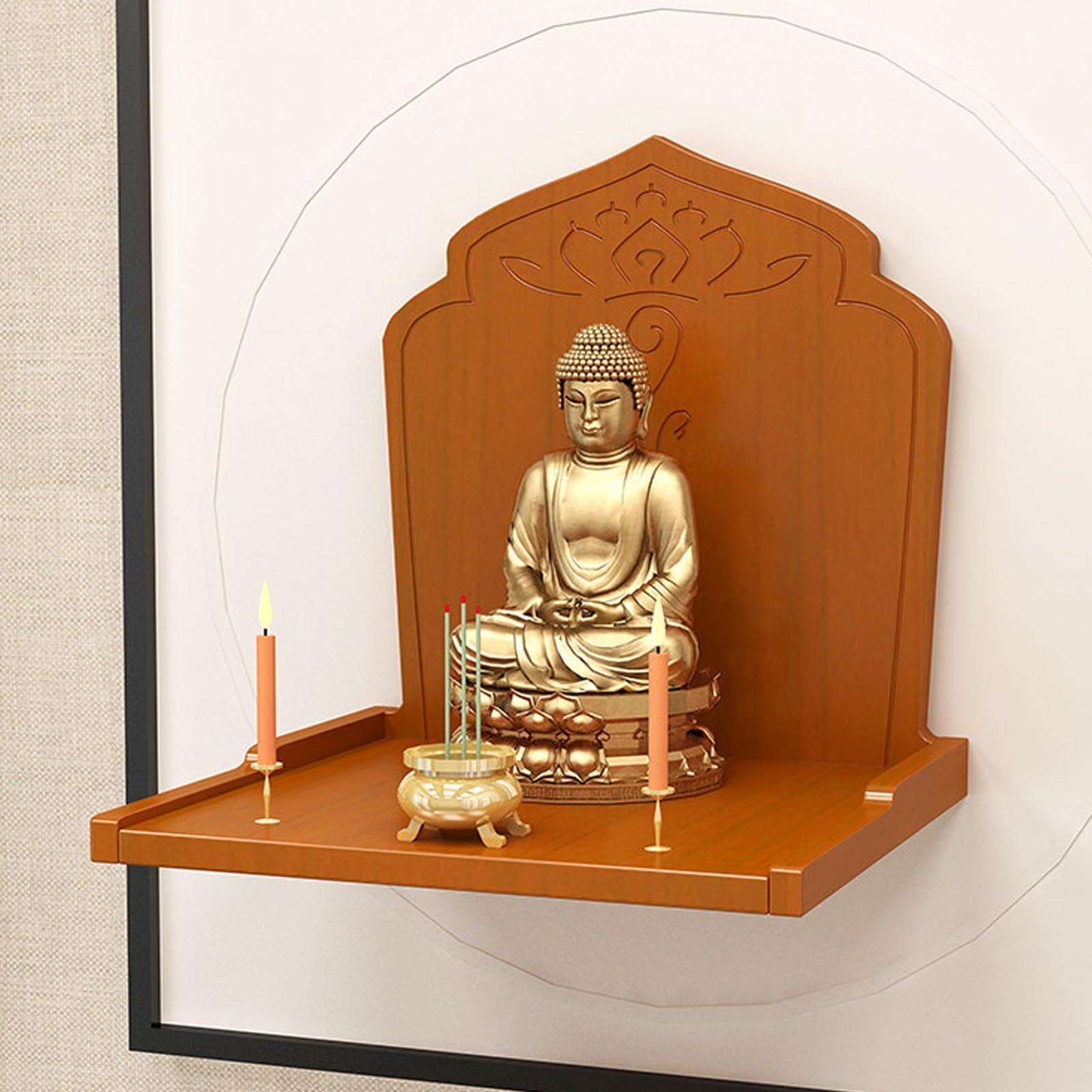 Wall-Mounted Buddha Statue Stand Shrine Altar Table, Solid Wood Prayer Niche Incense Table, Buddhist Niches for Household Use, for Pooja and Incense Tribute(White,Large)
