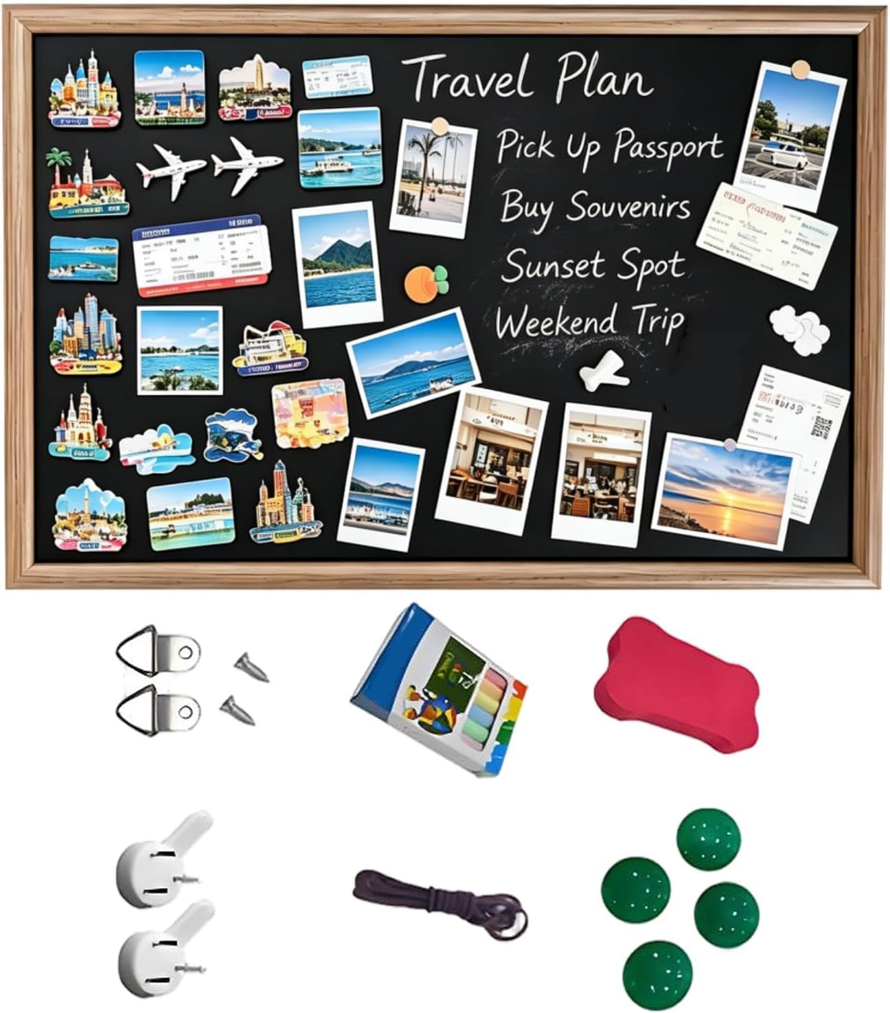Magnettafel Schwarz mit Holzrahmen, Beschreibbar Kreidetafel zum Aufhängen, für Magnete, Fotos und Notizen inklusive komplettes Montageset