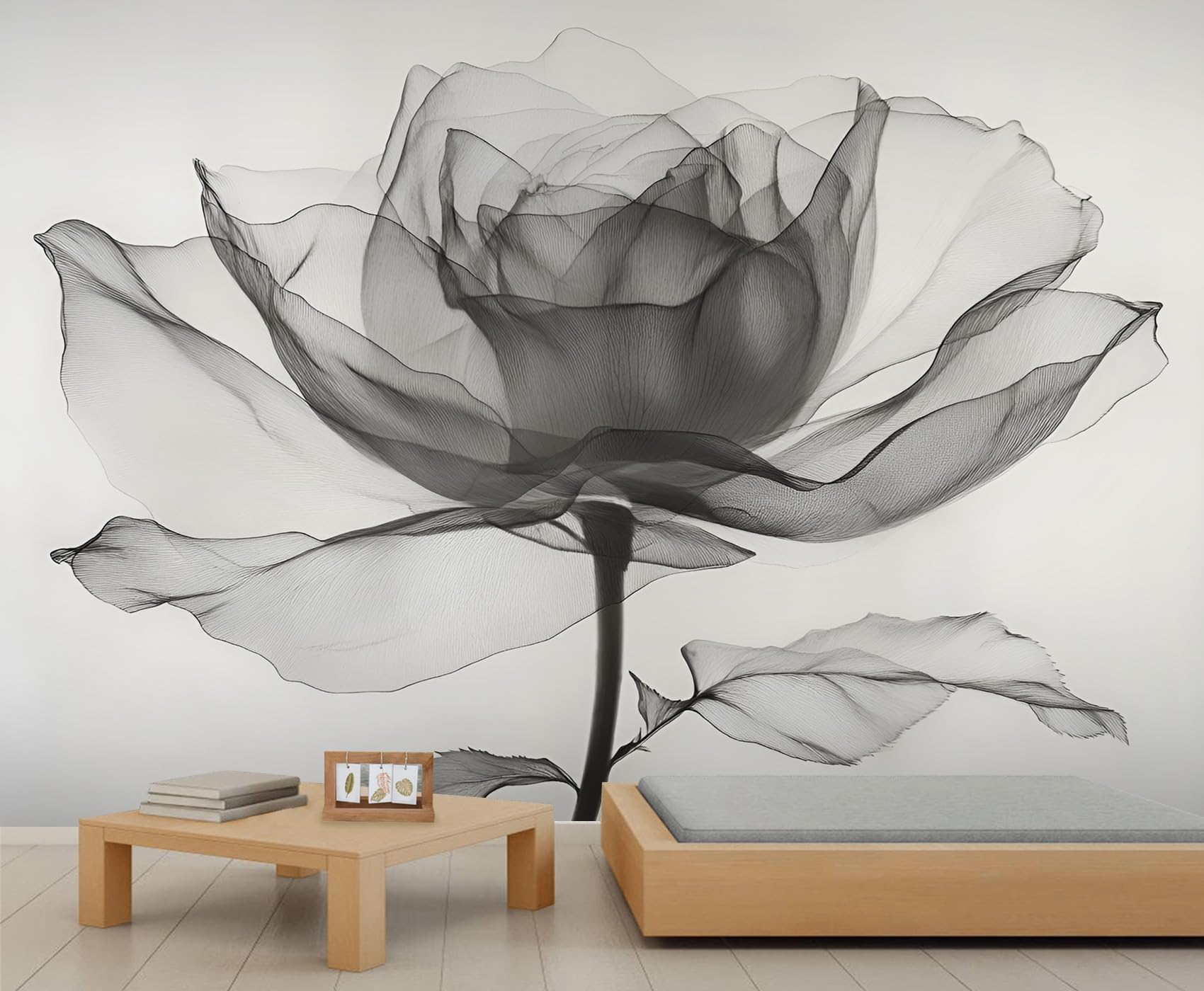 Papier peint floral transparent et grand lé de tapisserie roses grises pour mur de chambre 2x2m