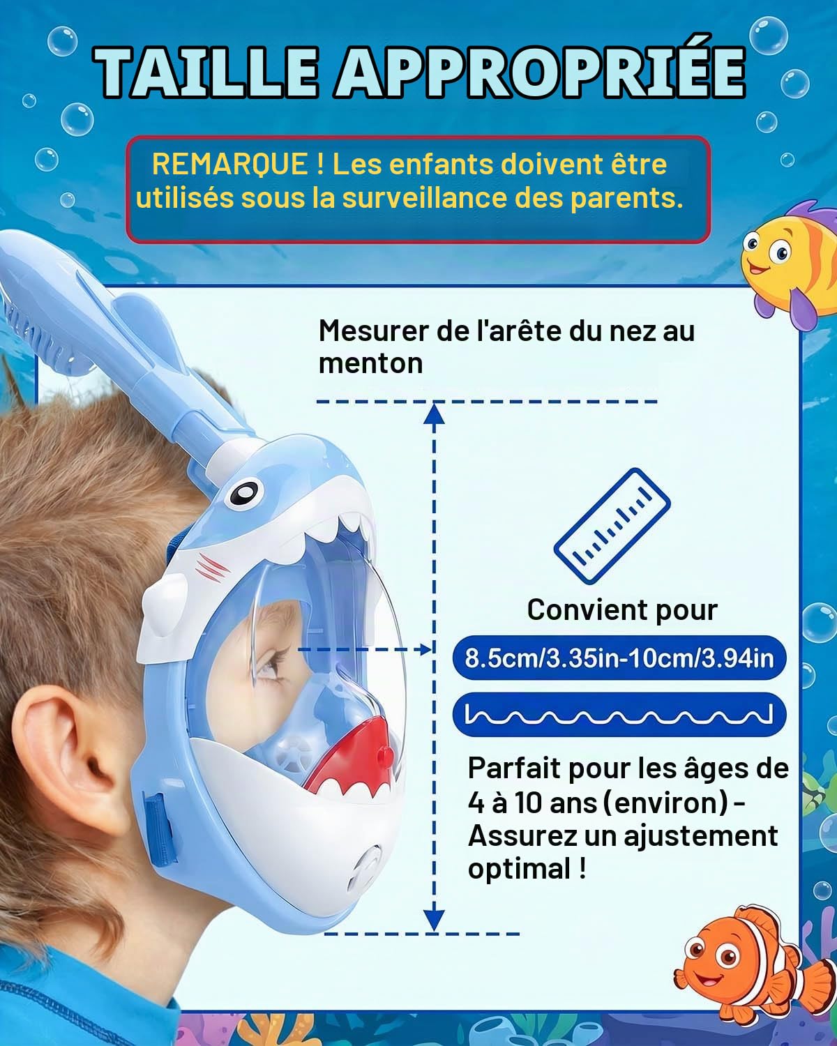 Masque de plongée intégral pour enfants de 5 à 10 ans, vue super haute définition à 180°, anti-buée, anti-fuite et fonction supérieure sèche pour enfants