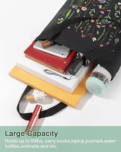 Miniatura 4 de AUSVKAI Bolsa de lona estética para mujer, lindas bolsas de algodón reutilizables de tela para compras, playa, comestibles, Flores silvestres