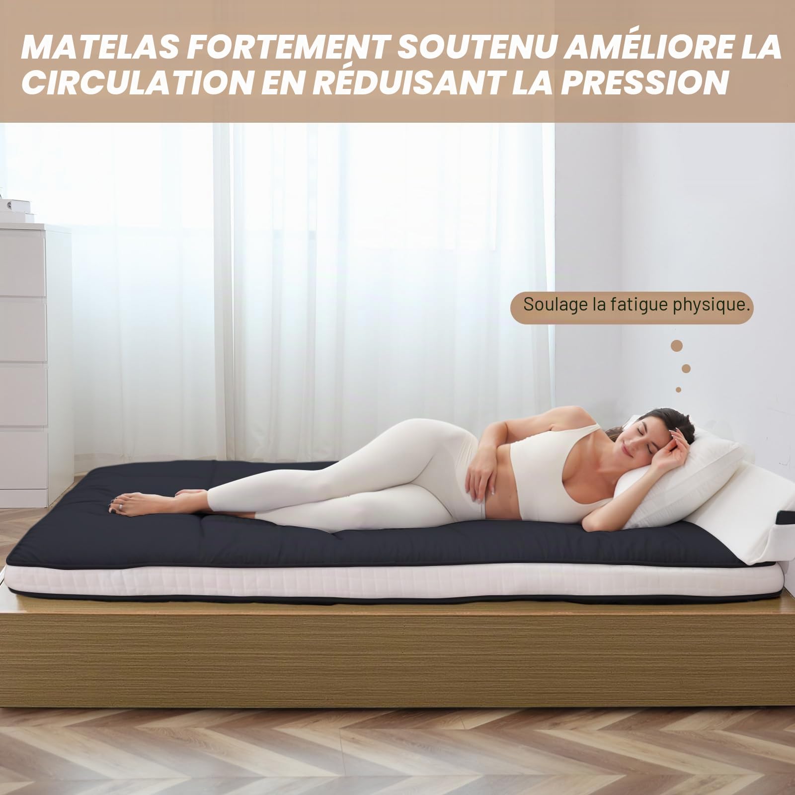 Matelas futon japonais, matelas de sol japonais, très épais et pliable, matelas de couchage en mousse à mémoire de forme pour adultes, tatami adapté pour le camping et les invités, noir diamant